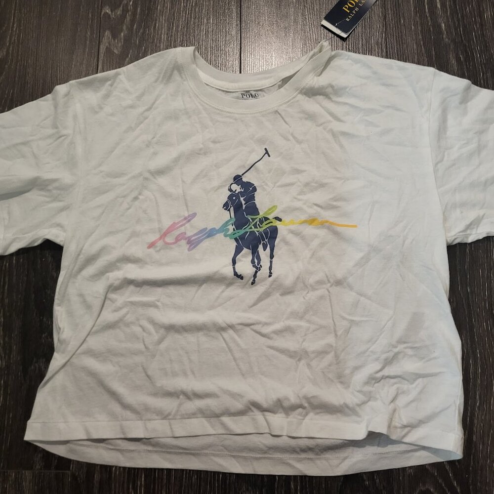 Polo Ralph Lauren White Crop-Top Medium Unisex Big Pony Rainbow Pastel (Rare)